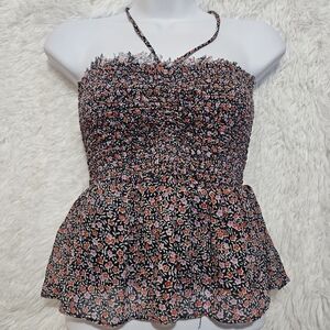 American Eagle Outfitters Black and Pink Floral Crop Top Size Small